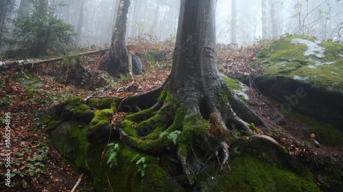 Magical foggy forest and big stones covered green moss during calm rain at autumn or spring time. Concept nature