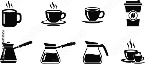 Various coffee and tea vessels in black silhouette on transparent background