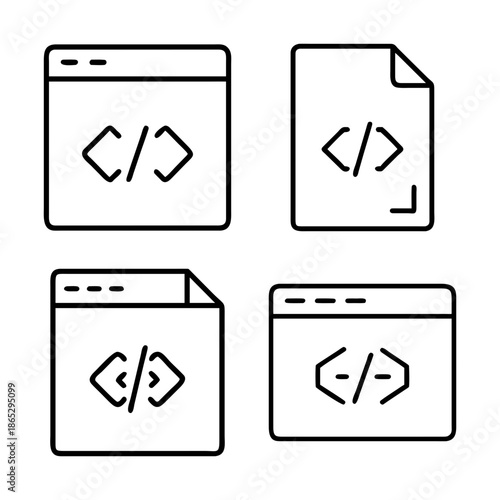 Software development and coding illustration, icons representing file, window, programming code