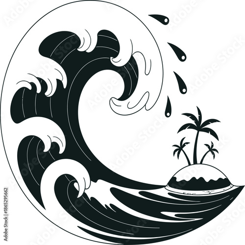 Stylized black wave curls toward small island with palm trees symbolizing ocean power danger isolation and tropical vulnerability