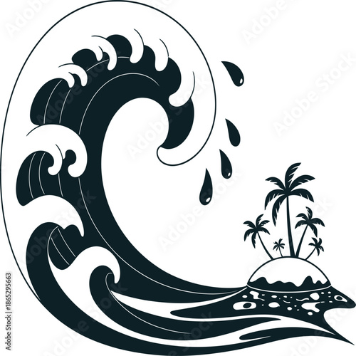 Stylized black wave curls toward small island with palm trees symbolizing ocean power danger isolation and tropical vulnerability