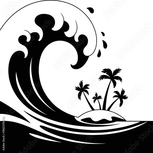 Stylized black wave curls toward small island with palm trees symbolizing ocean power danger isolation and tropical vulnerability