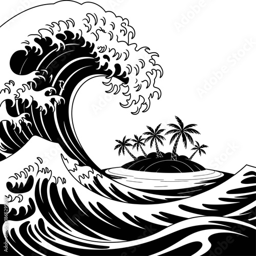 Stylized black wave curls toward small island with palm trees symbolizing ocean power danger isolation and tropical vulnerability