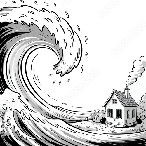Hand drawn illustration shows massive ocean wave threatening a small house symbolizing disaster isolation fear and nature’s overwhelming power
