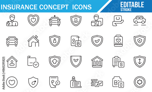 Collection of Line Art Icons for Insurance Services and Financial Planning