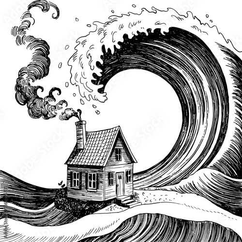 Hand drawn illustration shows massive ocean wave threatening a small house symbolizing disaster isolation fear and nature’s overwhelming power