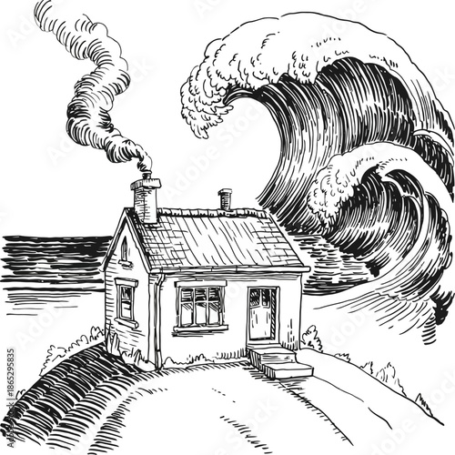 Hand drawn illustration shows massive ocean wave threatening a small house symbolizing disaster isolation fear and nature’s overwhelming power