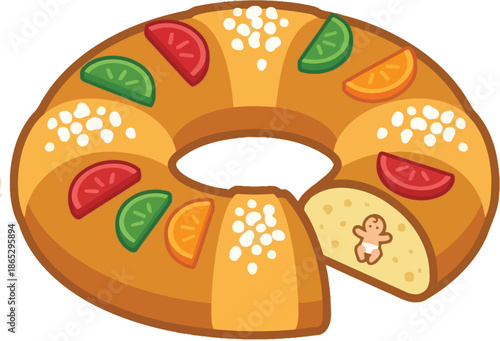 Rosca de Reyes cartoon illustration, displayed on a stock vector upload platform. The ring-shaped cake is decorated with candied fruits and a hidden baby figurine.