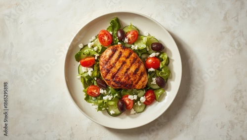 Roasted chicken breast with olives, feta, and greens on white plate, top view, emphasizing a ketogenic diet, World Nutrition Day