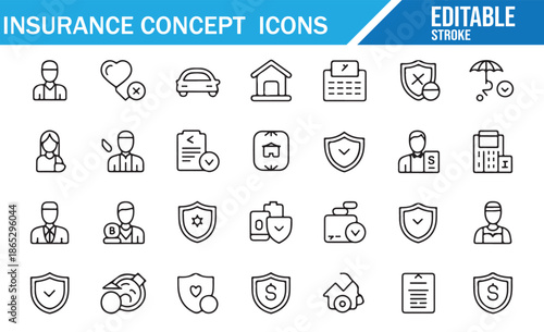 Line Art Insurance Icons Vector Set: Car, Home, Life, Health, Business, and Property Protection Symbols for Finance and Security Concepts. Editable Stroke.