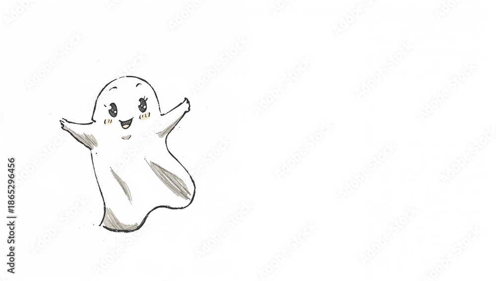 Obraz premium White background ghost illustration, intended for spooky greeting cards and festive decor, cute cartoon character, Halloween holiday