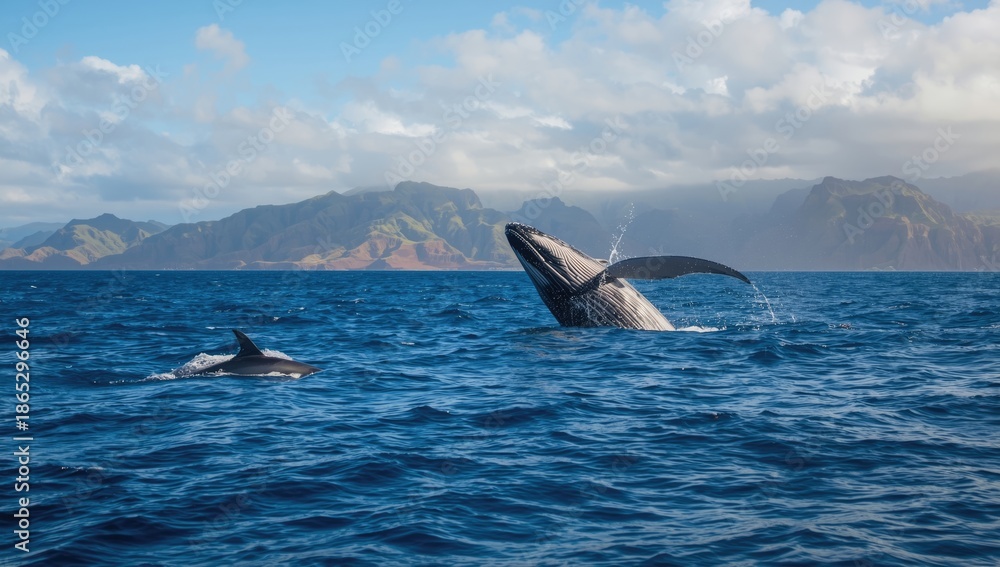 Fototapeta premium Marine mammals in the Hawaiian Islands during whale watching season highlight the importance of ocean preservation