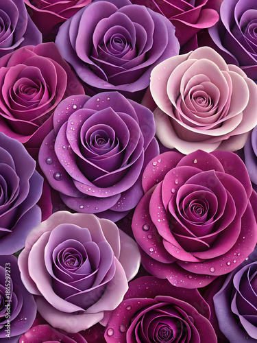 Vibrant purple rose petals vertical background with rich tones and dewy details. Great for posters, phone wallpapers, decorative prints, promotional design layouts.
