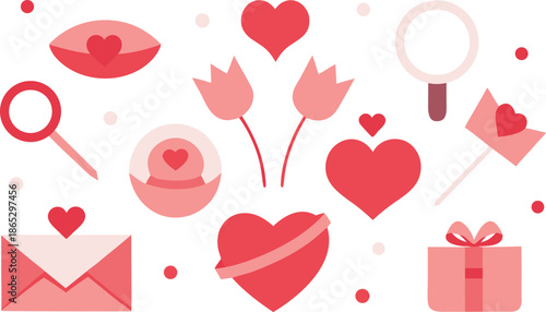 Heart shapes with flowers and magnifying glass