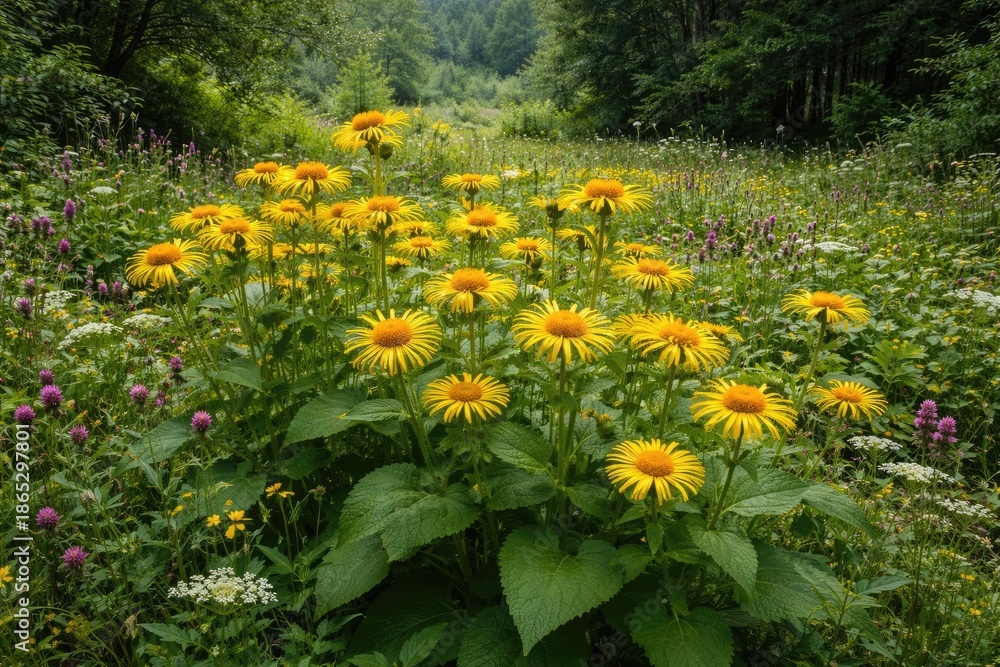 Obraz premium Natural wild zone containing the valuable therapeutic Inula helenium