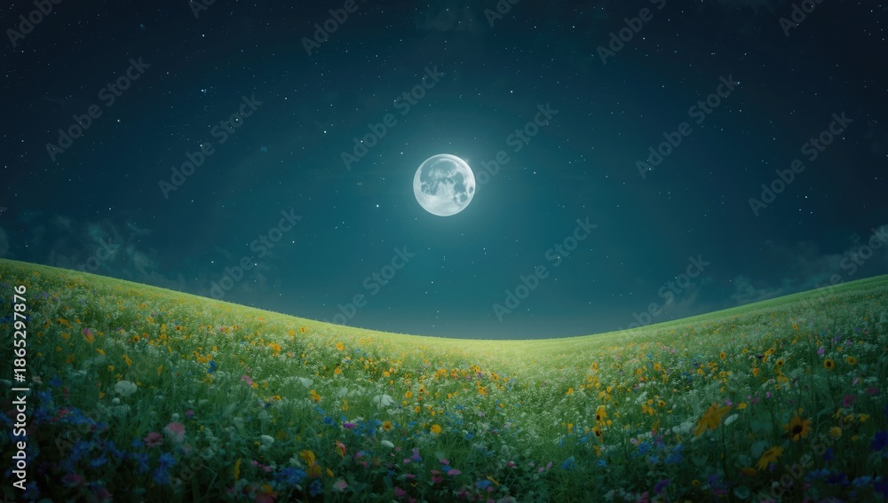 Fototapeta premium Digital landscape of a flower-filled meadow under moonlight with starry sky, ideal for concept art or game scenes
