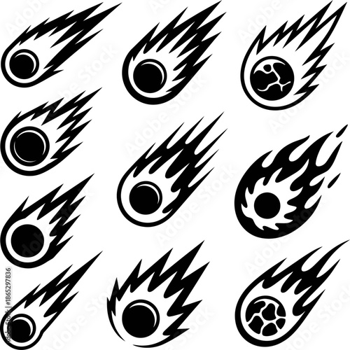 Meteor and fireball icon set shows blazing celestial objects streaking through space symbolizing impact danger and motion