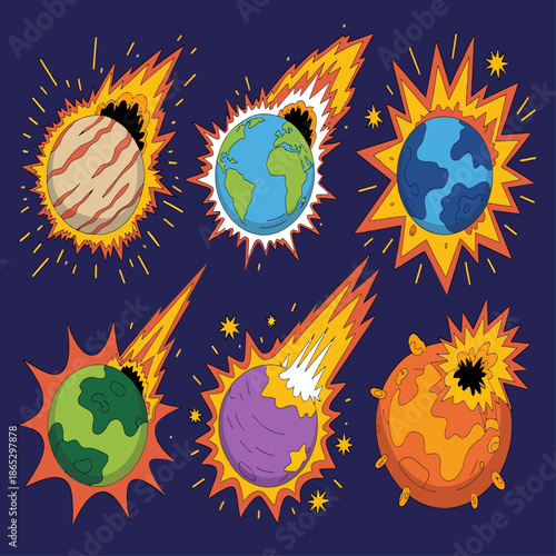 Colorful planets with fiery trails collide and explode illustrating cosmic impacts destruction energy and dramatic outer space events