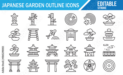 Pagoda, torii gate, and bonsai tree outline icon collection for design.