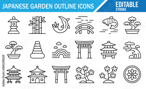 Set of Japanese garden outline icons, including pagodas, torii gates, lanterns, bonsai trees, bamboo, and koi fish, editable stroke vector illustration.