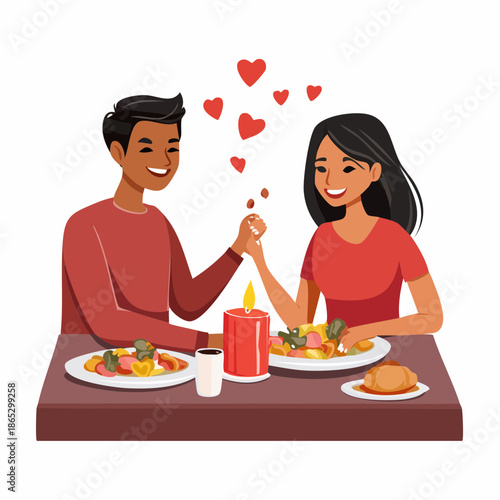 A couple enjoys a candlelit dinner at home, sharing laughter and a homemade meal on Valentine�s Day.