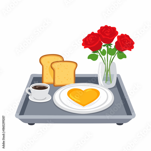 A breakfast in bed tray features a heart-shaped omelet, toast, and a small vase of red roses.