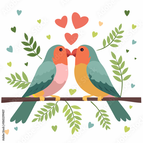 A pair of lovebirds perches on a branch, their beaks touching in a natural Valentine�s Day scene.