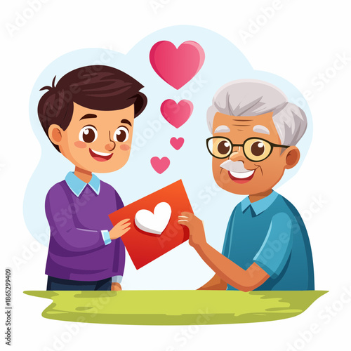 A child gives a handmade Valentine�s card to a grandparent, sharing love across generations.