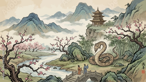 A serene Asian landscape illustration with a giant snake and pagoda