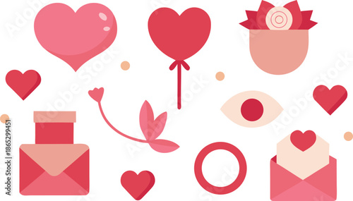 Collection of hearts and love envelopes in flat style