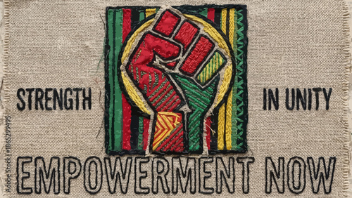 A colorful embroidered patch featuring a raised fist and the words 'STRENGTH IN UNITY EMPOWERMENT NOW' on a beige fabric background