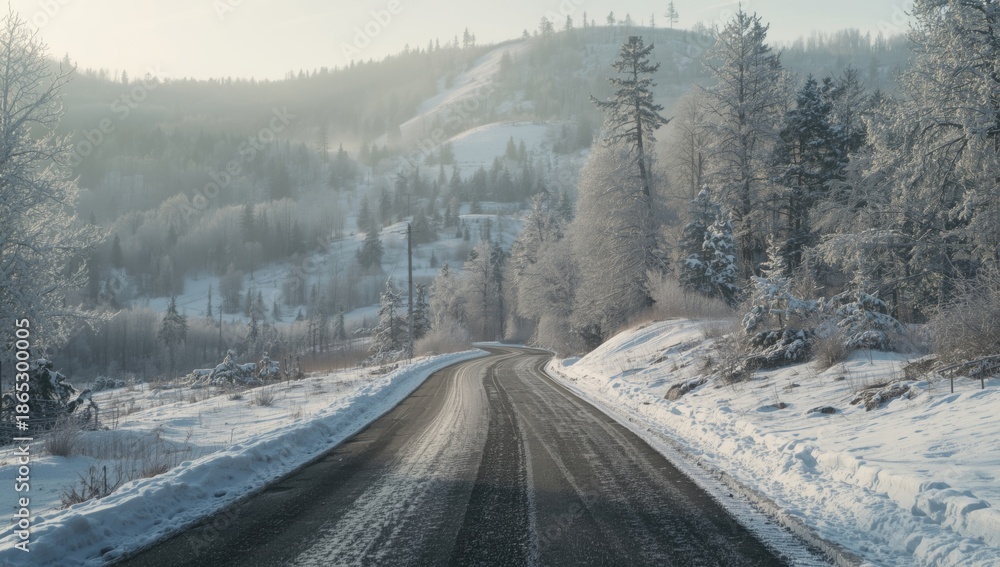 Fototapeta premium Snowy winter road scene, emphasizing erosion risk during seasonal change, Earth Day