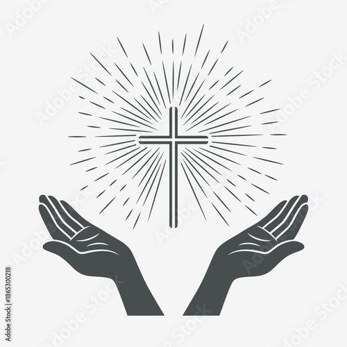 Vector Black and White Open Hands with Cross. Symbol of Faith and Prayer. Design Template for Church Logo. Prayer, Religion Concept. Monochrome Cut Out Silhouette Icon. Vector Illustration