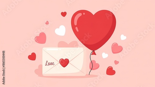 Valentine Day, Red heart balloon and 'Love' envelope with scattered hearts on a soft pink background.
