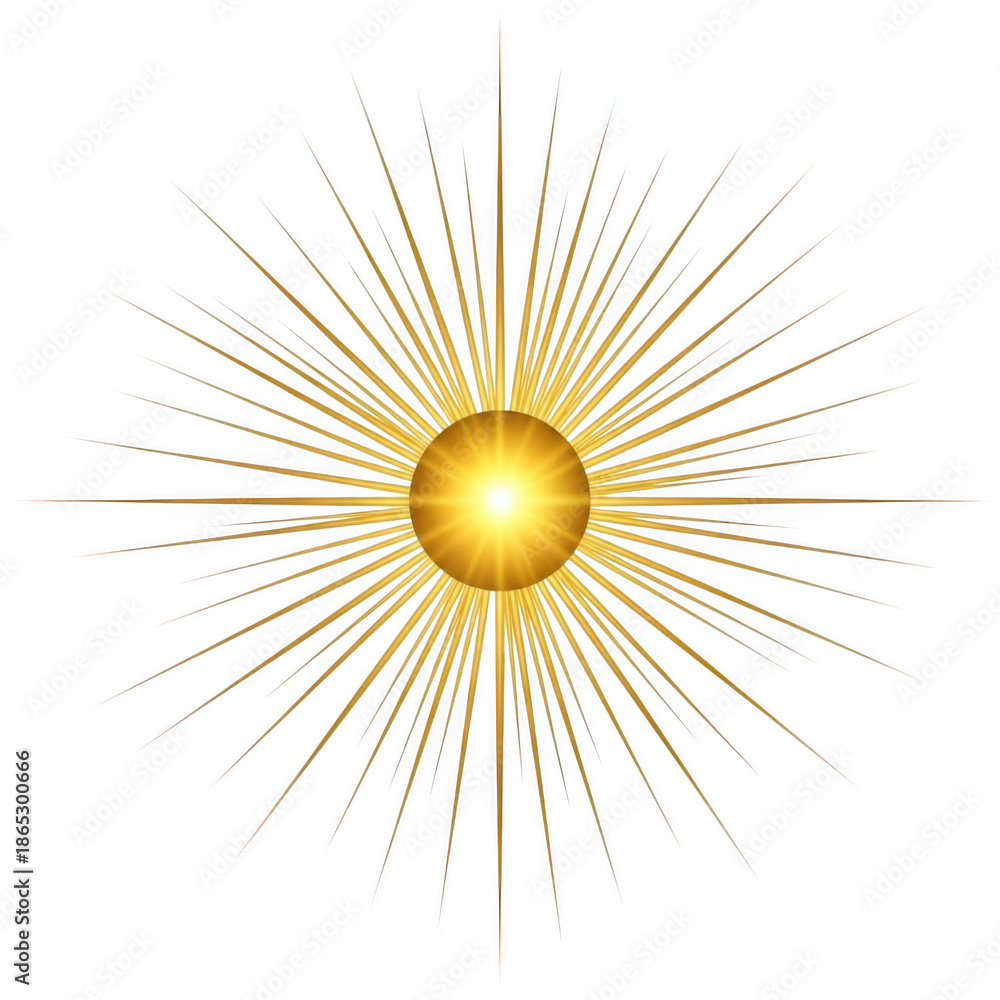 Fototapeta premium Golden sunburst icon with radiating lines isolated on transparent background