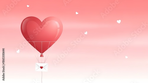 Valentine Day Large red heart hot air balloon carries 'Love' letter, floating gracefully against a soft pink background.