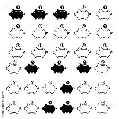 Piggy bank icon set. Flat and outline vector