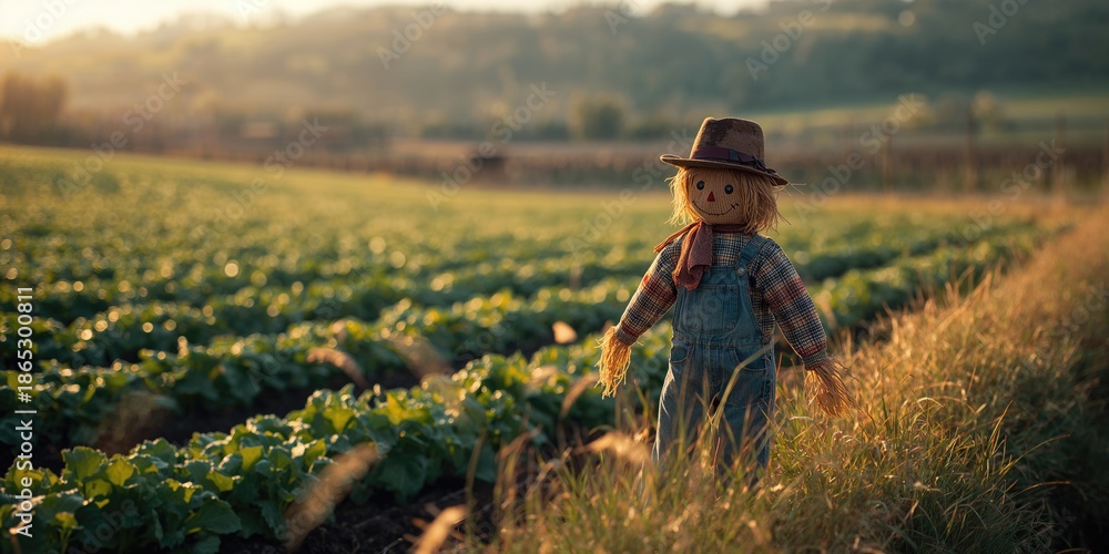 Fototapeta premium Vegetable patch protected by a scarecrow, highlighting crop safety during harvest season