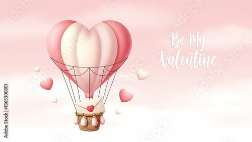 Heart-shaped hot air balloon with love letter, floating in pink sky, surrounded by hearts, 