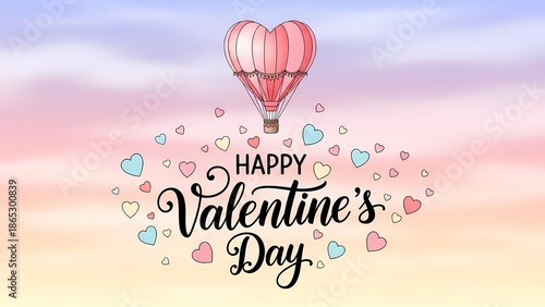 Heart-shaped hot air balloon with 'Happy Valentine's Day' text, pastel sky, small hearts, romantic mood.