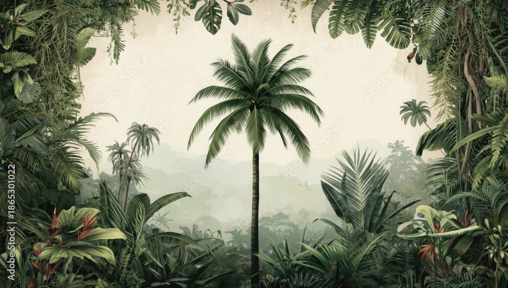 Fototapeta premium Tropical plant and palm tree artwork with floral border, ideal for decorative backgrounds in creative layouts
