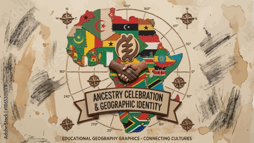 A colorful vector graphic celebrating ancestry and geographic identity with a map of Africa and flags