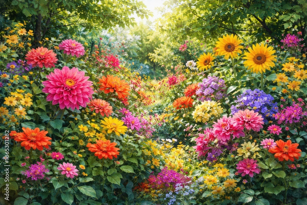 Obraz premium Bright floral patterns set against dense green foliage in a lively garden during warm seasons