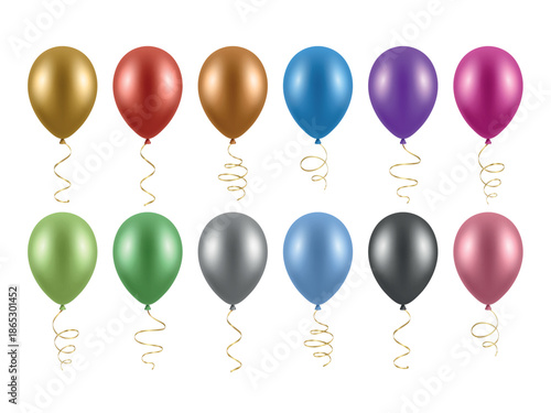Vector 3d Realistic Foil Metallic Colorful Balloon Icon Set, Isolated. Colorful Party Balloons, Isolated. Birthday Balloons Set. Helium Balloon for Celebration, Festive Decor, Event Design