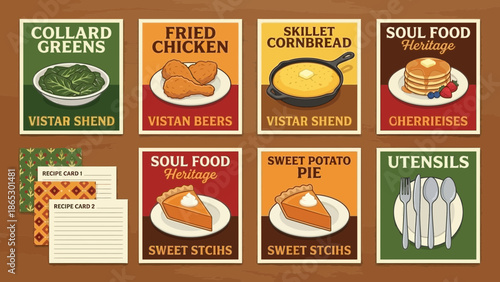 A colorful vector graphic illustration of soul food heritage icons and recipe cards