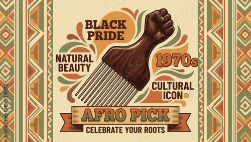 A vibrant vector graphic celebrating Black Pride with an Afro pick and cultural icon from the 1970s