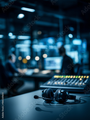 Close-up of a professional communication headset and sound mixing board on a desk, with blurred operators working in a high-tech control room or customer support center background.
