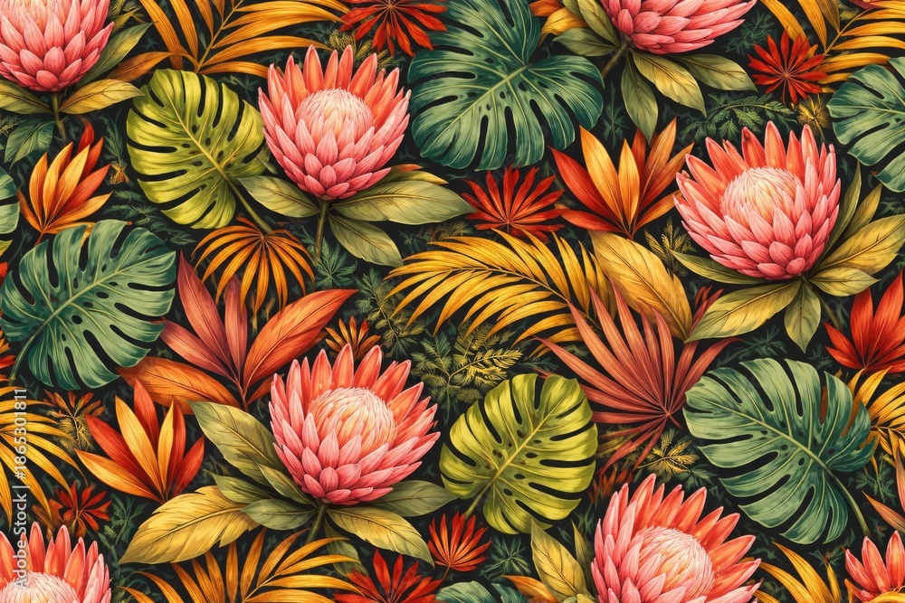 Fototapeta premium 2d seamless tropical pattern with jungle leaves and protea flowers in warm colors