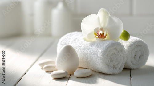 Minimalist spa and wellness background for Easter promotion with zen stones and egg-shaped soap