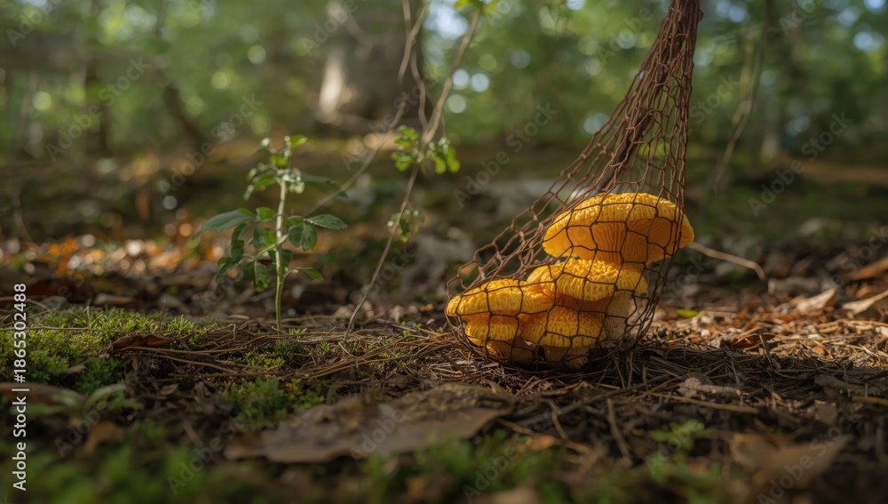 Obraz premium Mushroom chanterelle in a net, highlighting wild mushroom collection and environmental preservation